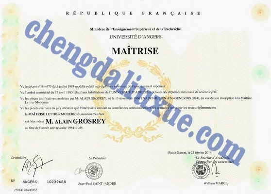 法国昂热大学毕业证样本（Certificat de fin d'études de l'Université d'Angers en France sur mesure）