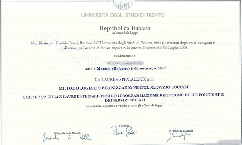 意大利特伦托大学毕业证样本（Customized graduation certificate from the University of Trento, Italy）